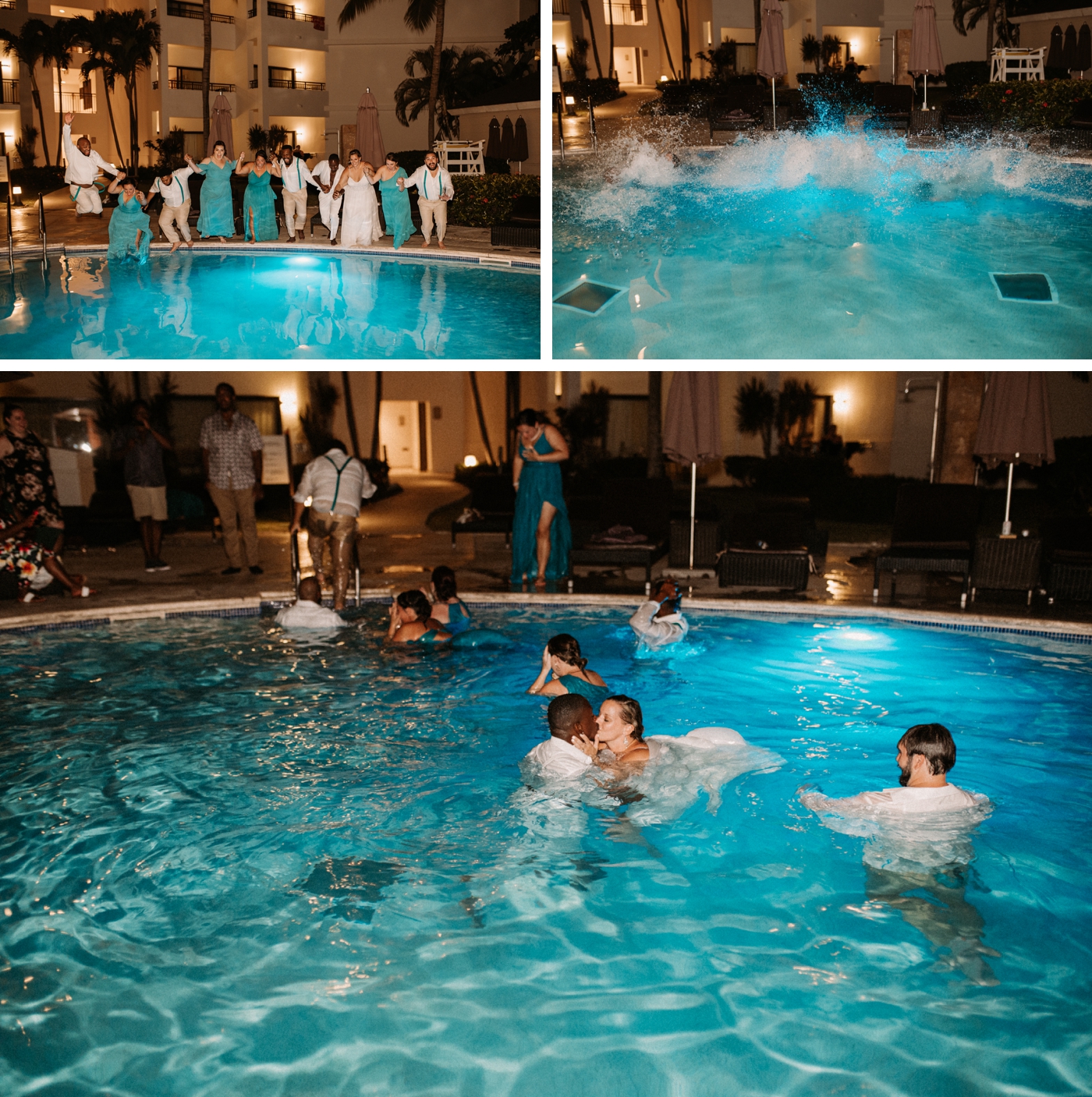 Couple jumping into the pool after their wedding at Secrets Wild Orchid