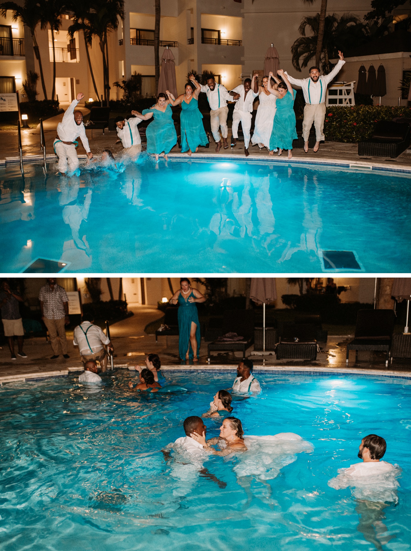 Bride and groom jumping in the pool with their bridal party after their wedding reception