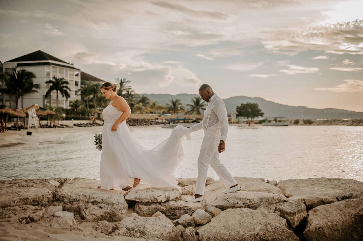 Bridal portraits on the beach at Secrets Wild Orchid Montego Bay
