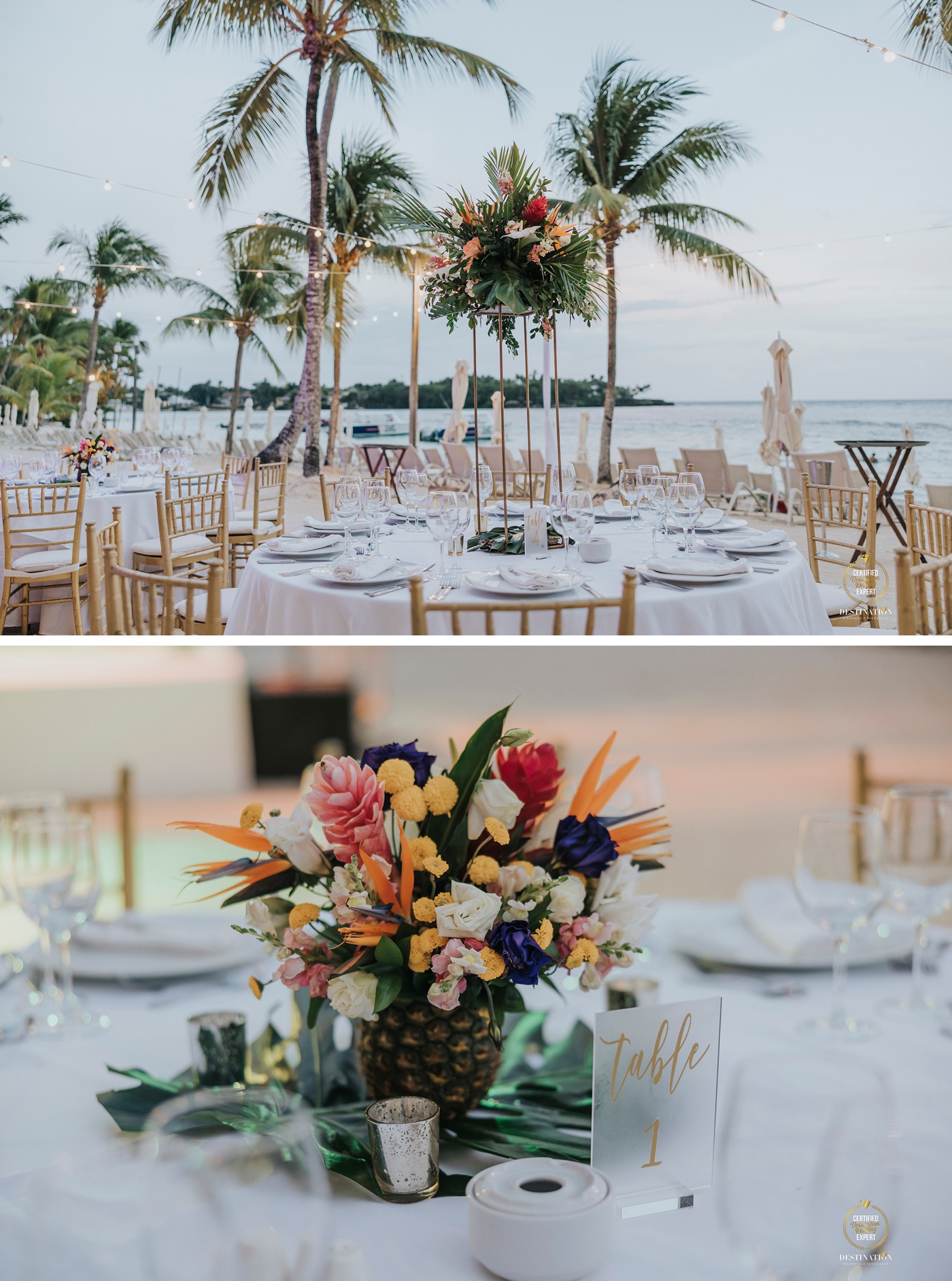 Pineapple centerpiece with tropical flowers at a destination wedding