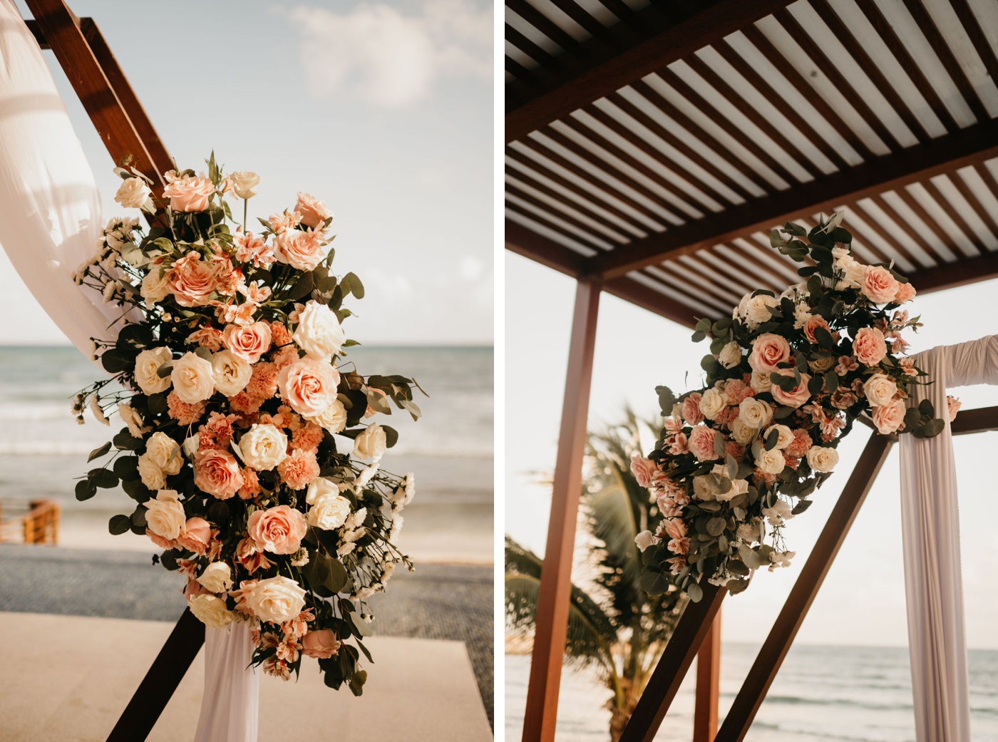 Wedding flower arch with pink and white roses