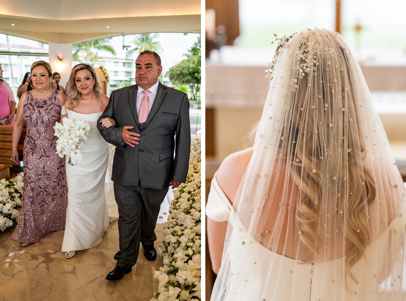Bride wearing a pearl and crystal studded veil at her wedding ceremony in Cancùn