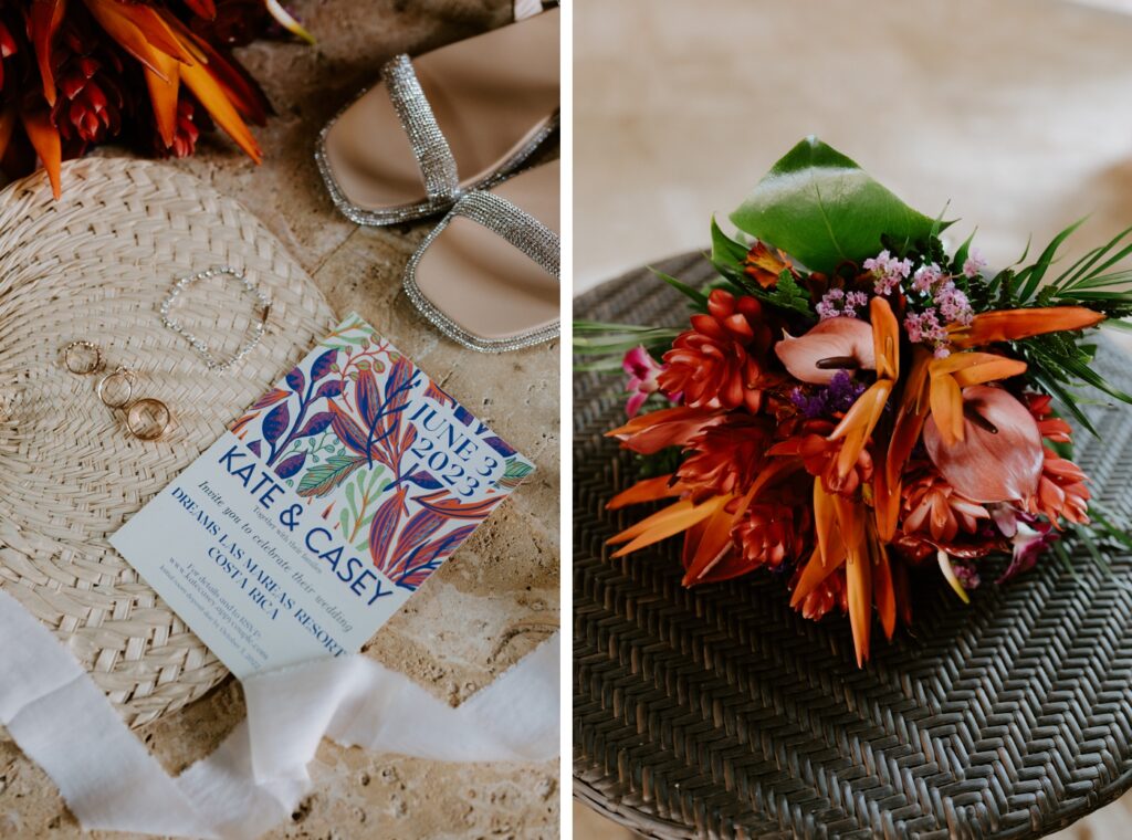Tropical wedding invitations and bouquet for a wedding at Dreams Las Mareas