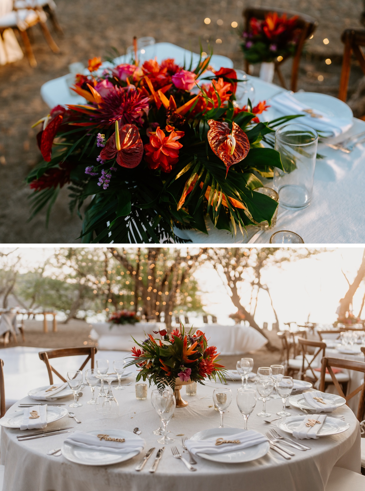 Tropical floral wedding centerpiece with anthurium and bird of paradise