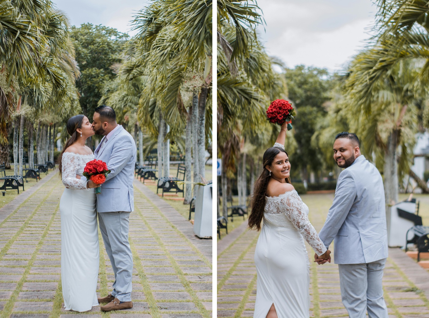 Bride and groom posing for portraits at their Dominican Republic wedding