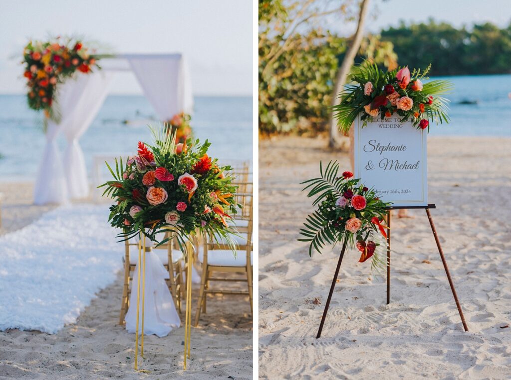 Beach ceremony with Chuppah and red and gold flowers