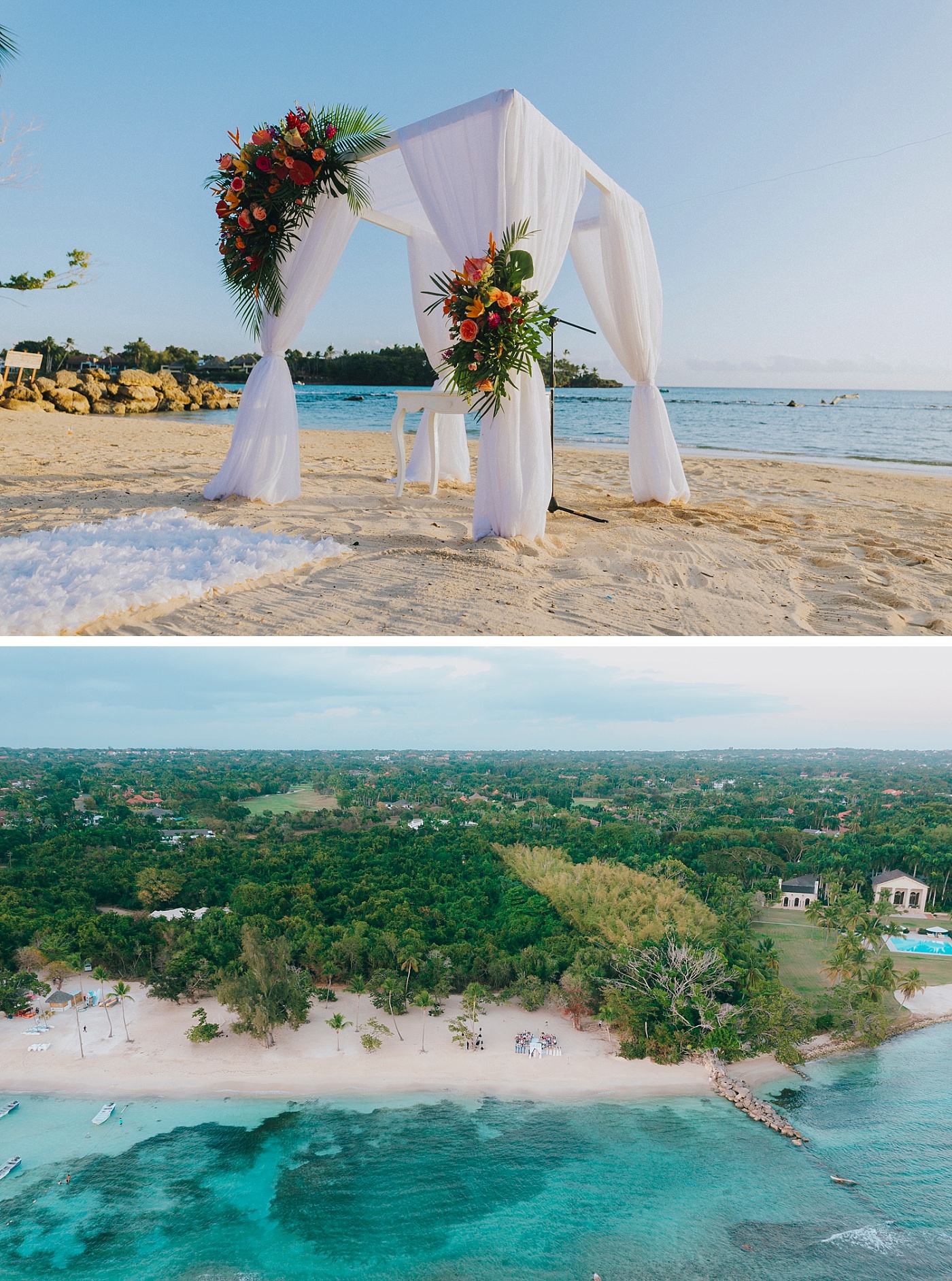 Drone footage of destination wedding ceremony by the water in the Caribbean