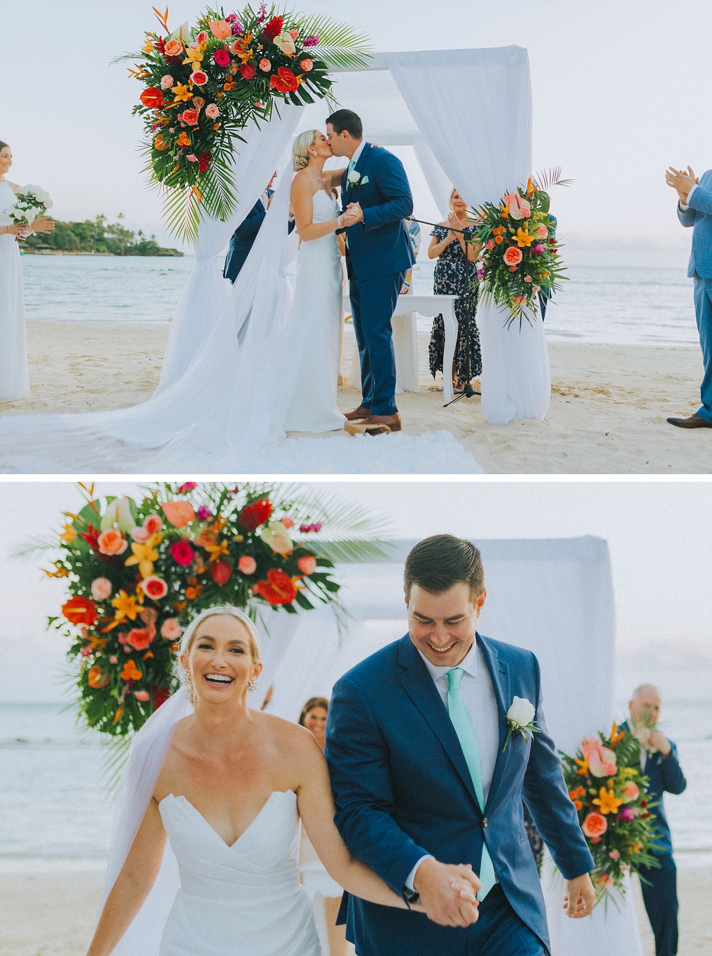 Bride and groom's first kiss on the beach as Casa de Campo