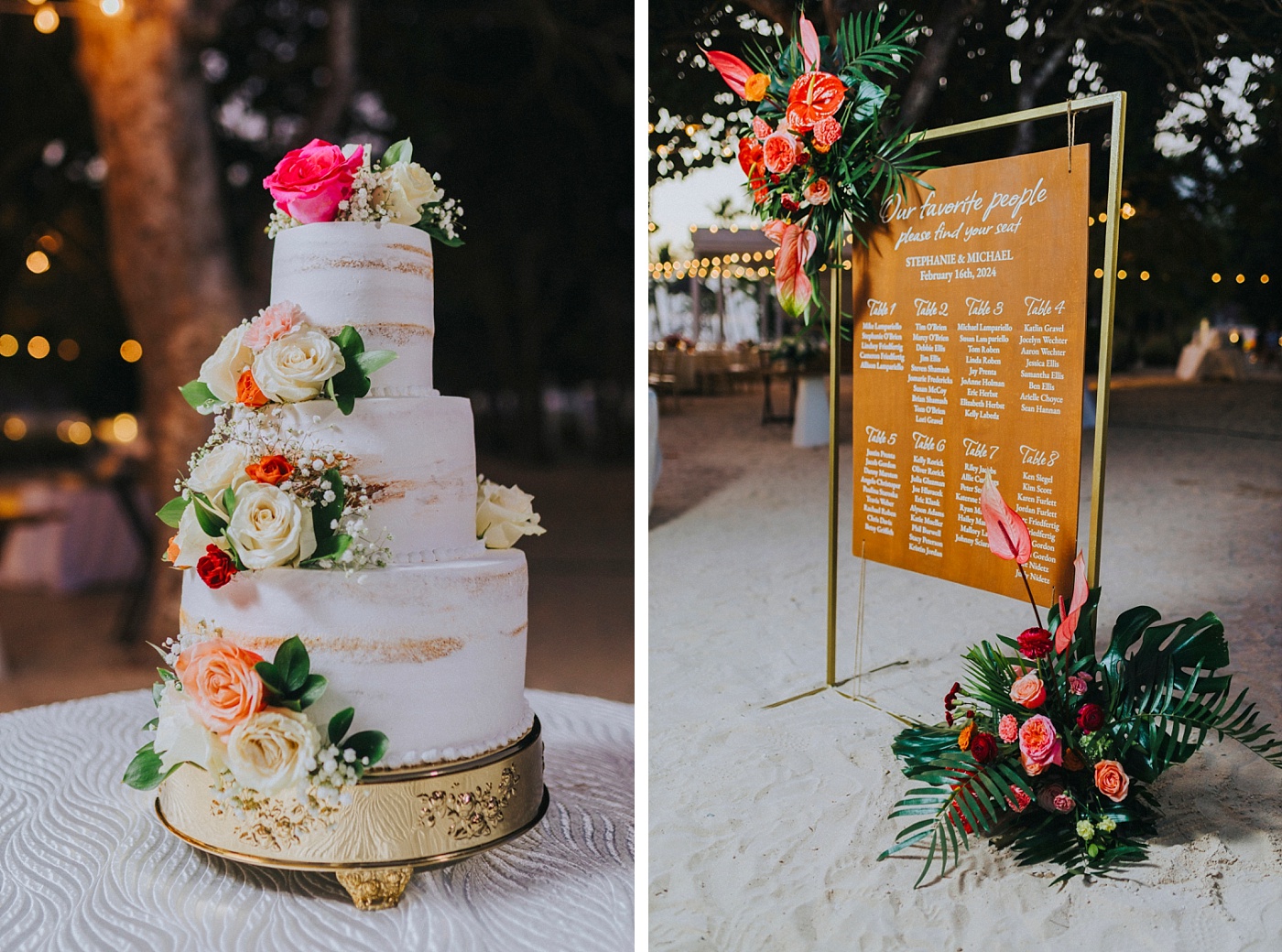 Reception cake and seating chart with bright, tropical florals