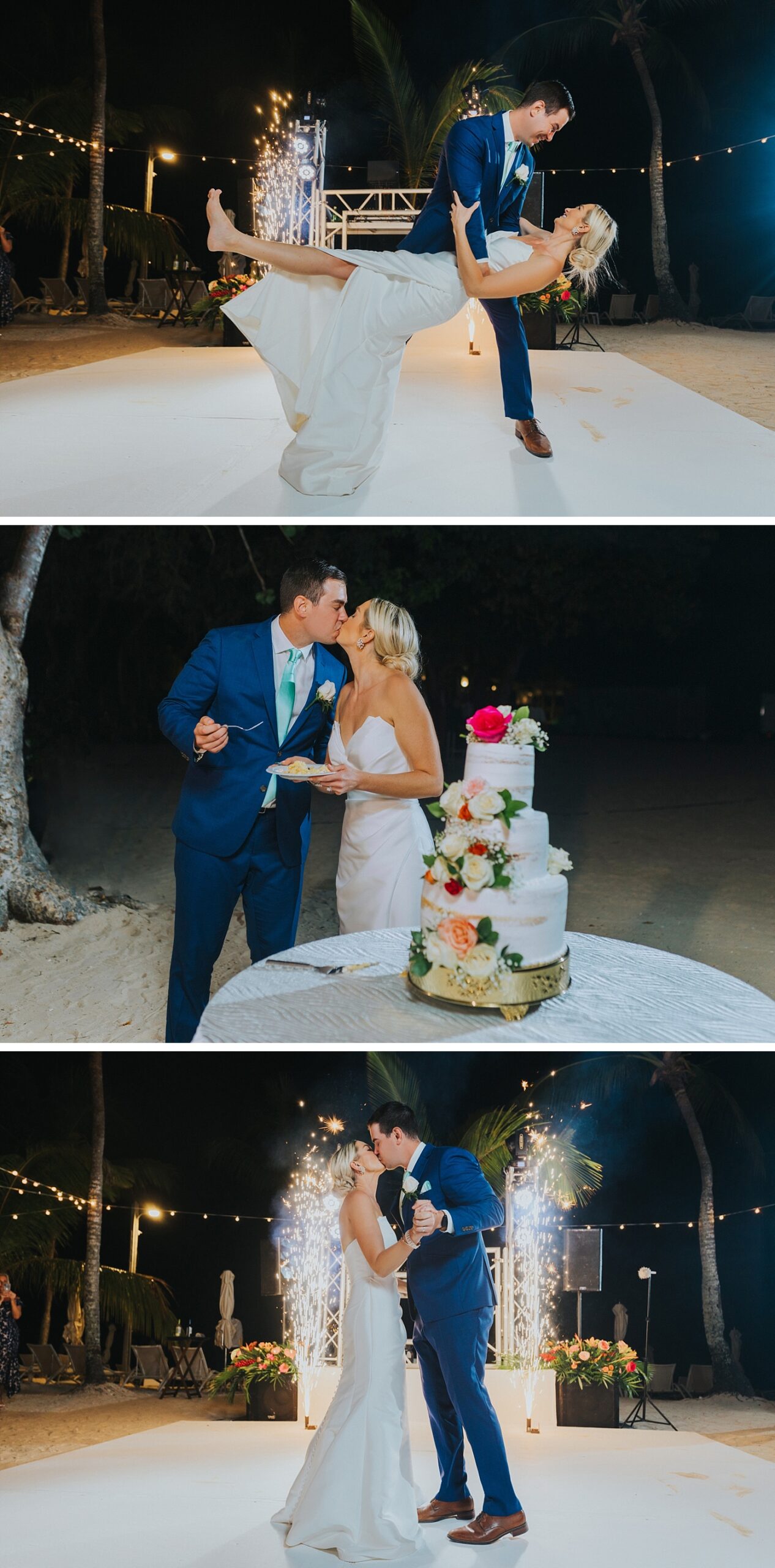 Bride and Grooms first dance next to a picture of the cake cutting 