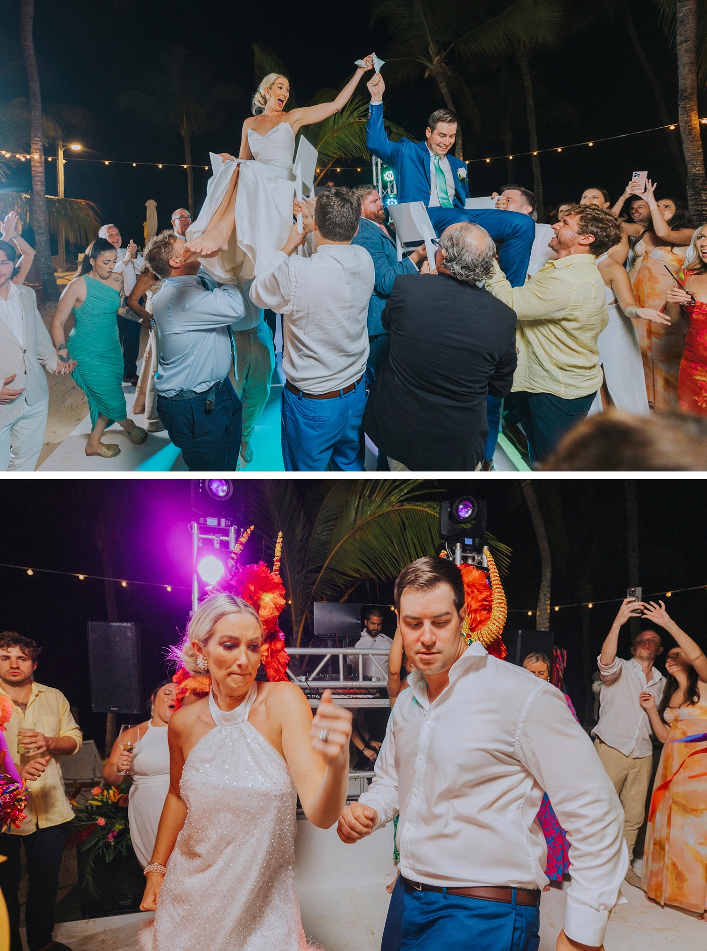 Bride and groom dancing to the Hora at their destination wedding reception 