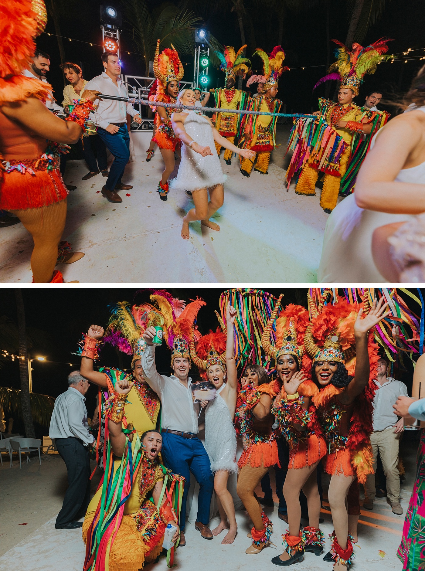 Bride and Groom dancing with La Hora Loca dancers at a destination wedding reception at Casa de Campo