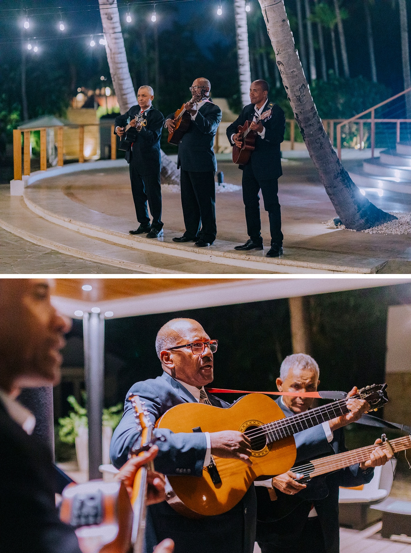 Live music guitar trio at a wedding welcome party at Mintas Sunset Beach at Casa de Campo