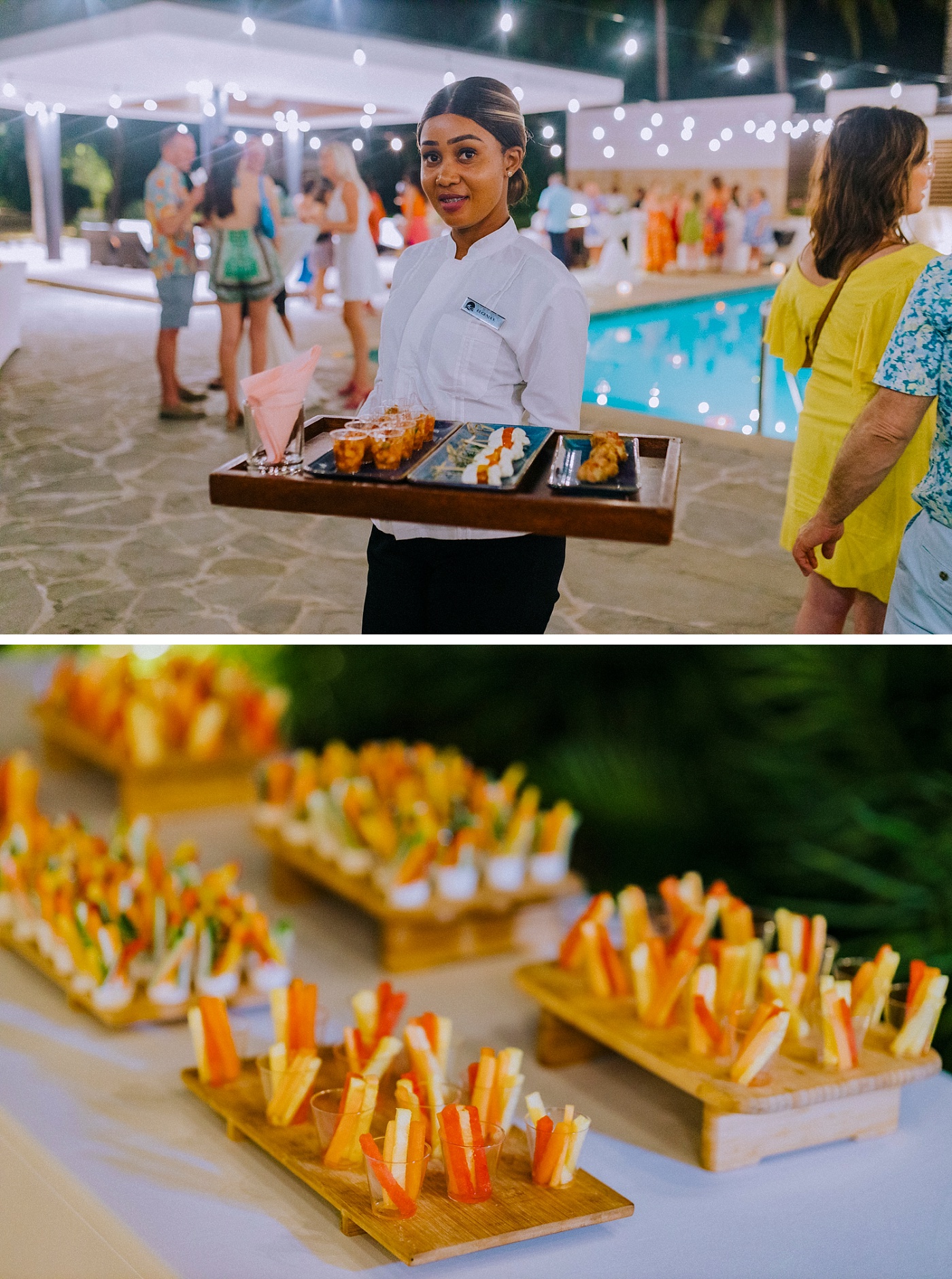 Local Hors d'oeuvres served at wedding welcome party on a private pool deck at Casa de Campo