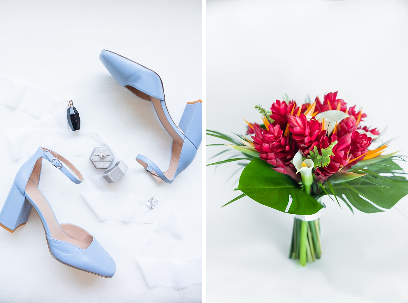 Tropical flower arrangement and flatlay for a Mexico destination wedding