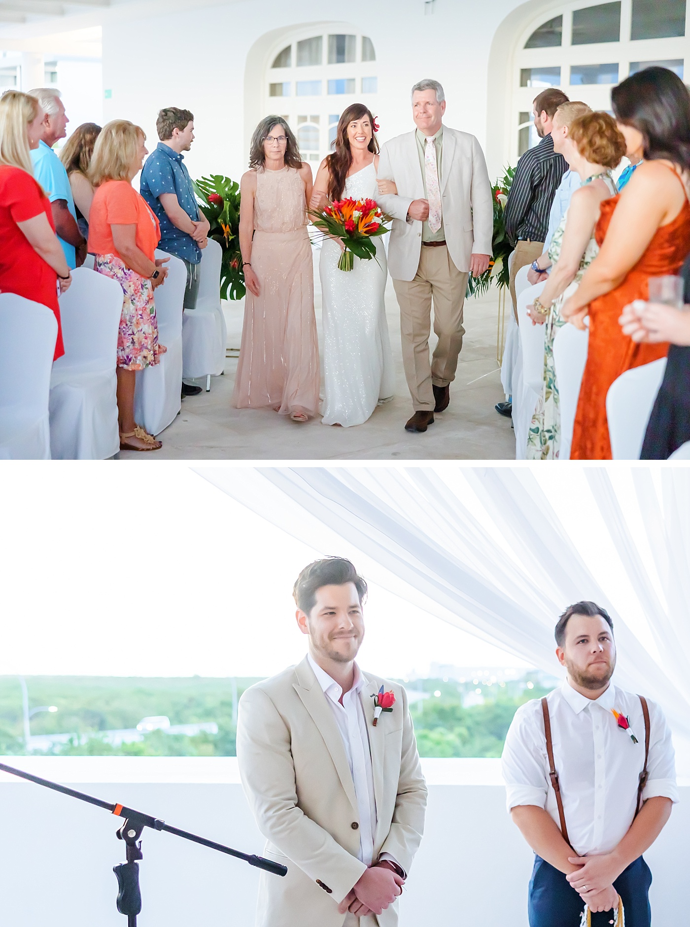 Bride walking down the aisle towards the groom at a destination wedding ceremony 