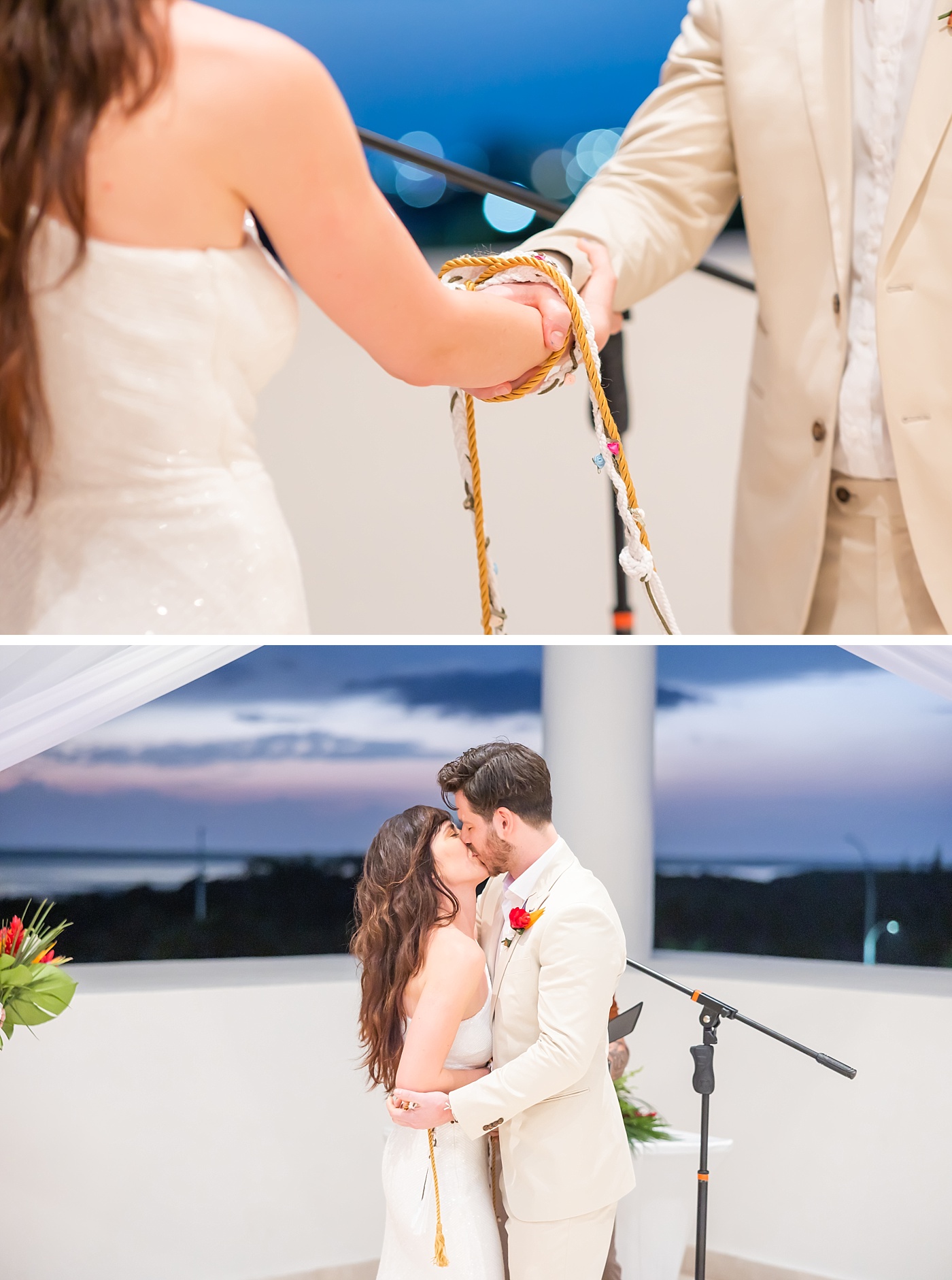 A handfasting ceremony at a wedding, followed by the bride and groom's first kiss