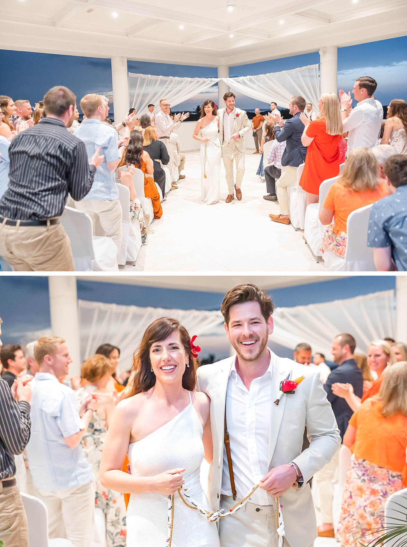 Bride and groom walk back down the aisle after their wedding ceremony at Majestic Elegance Costa Mujeres