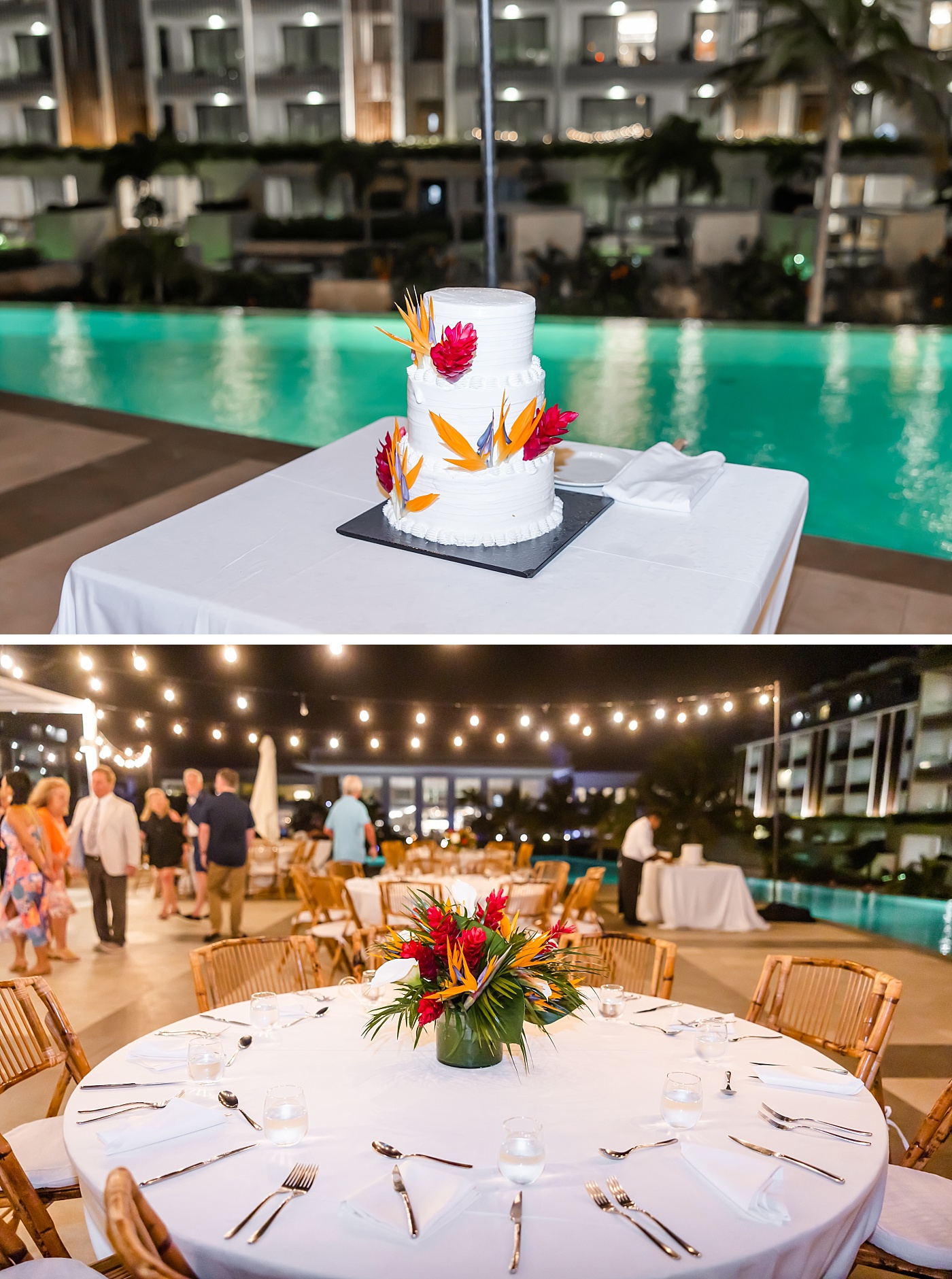 Wedding cake with tropical flowers at the Sky Longue private pool deck