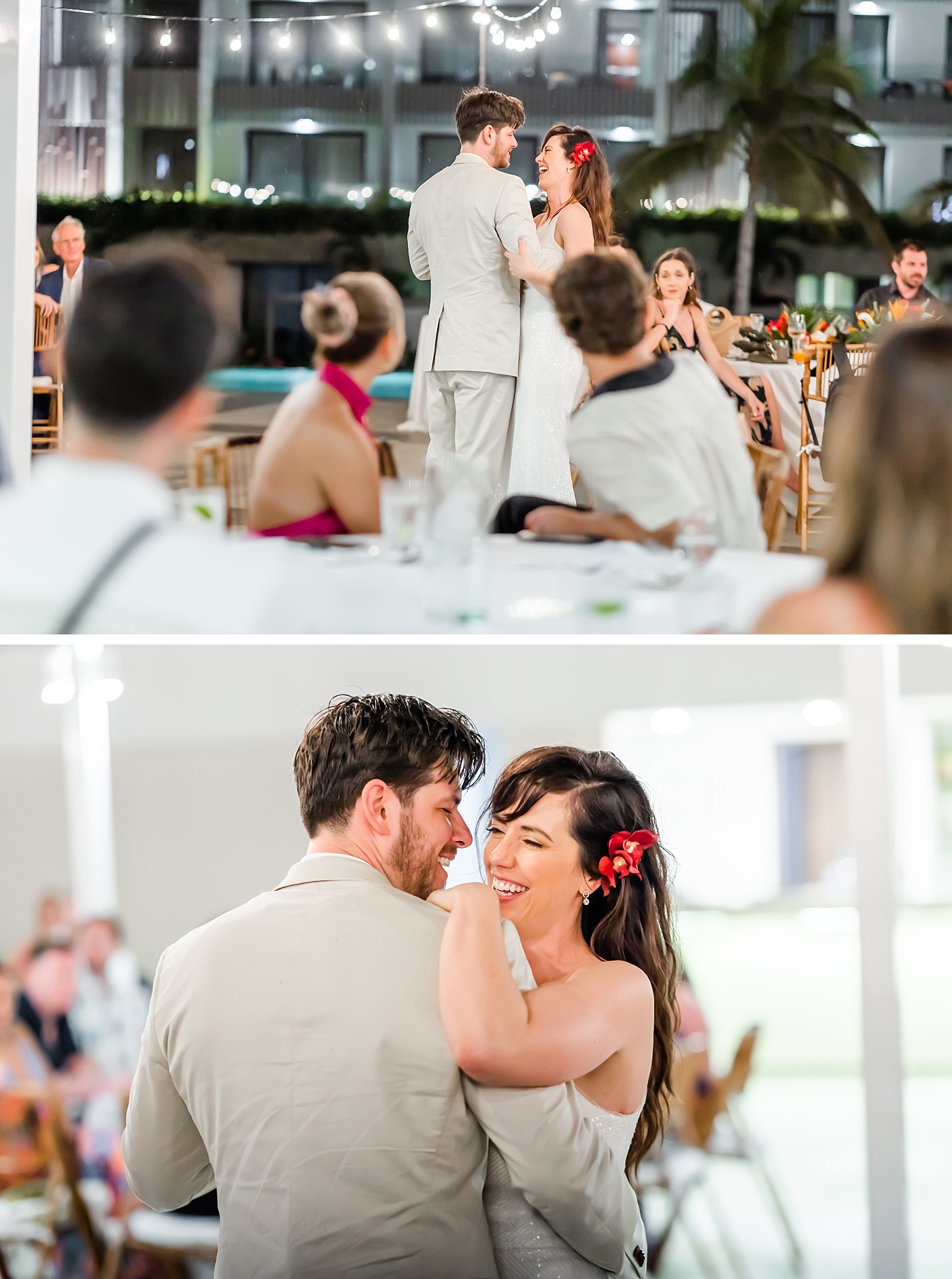 Bride and groom share a first dance at their Mexico destination wedding reception 