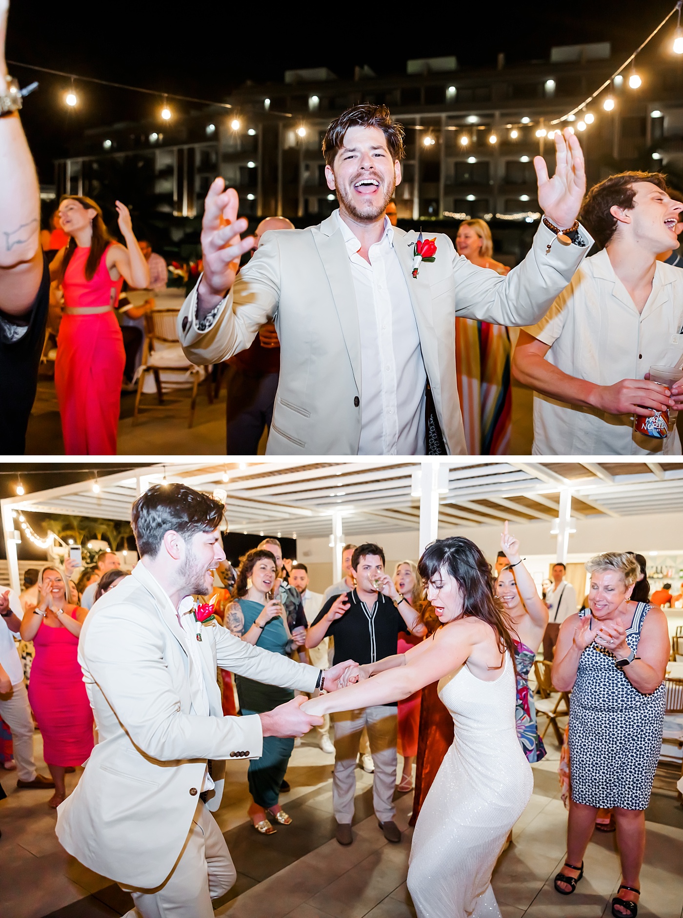 People dancing at a wedding reception at the Sky Longue at Majestic Elegance Costa Mujeres