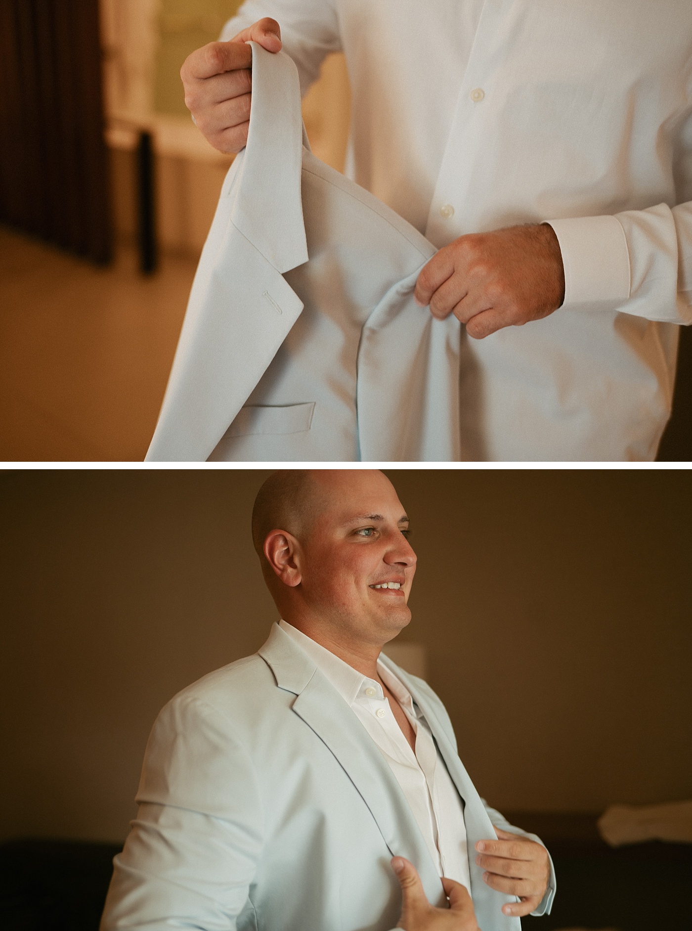 Groom getting dressed in a light tan suit for a destination wedding in Cancun Mexico