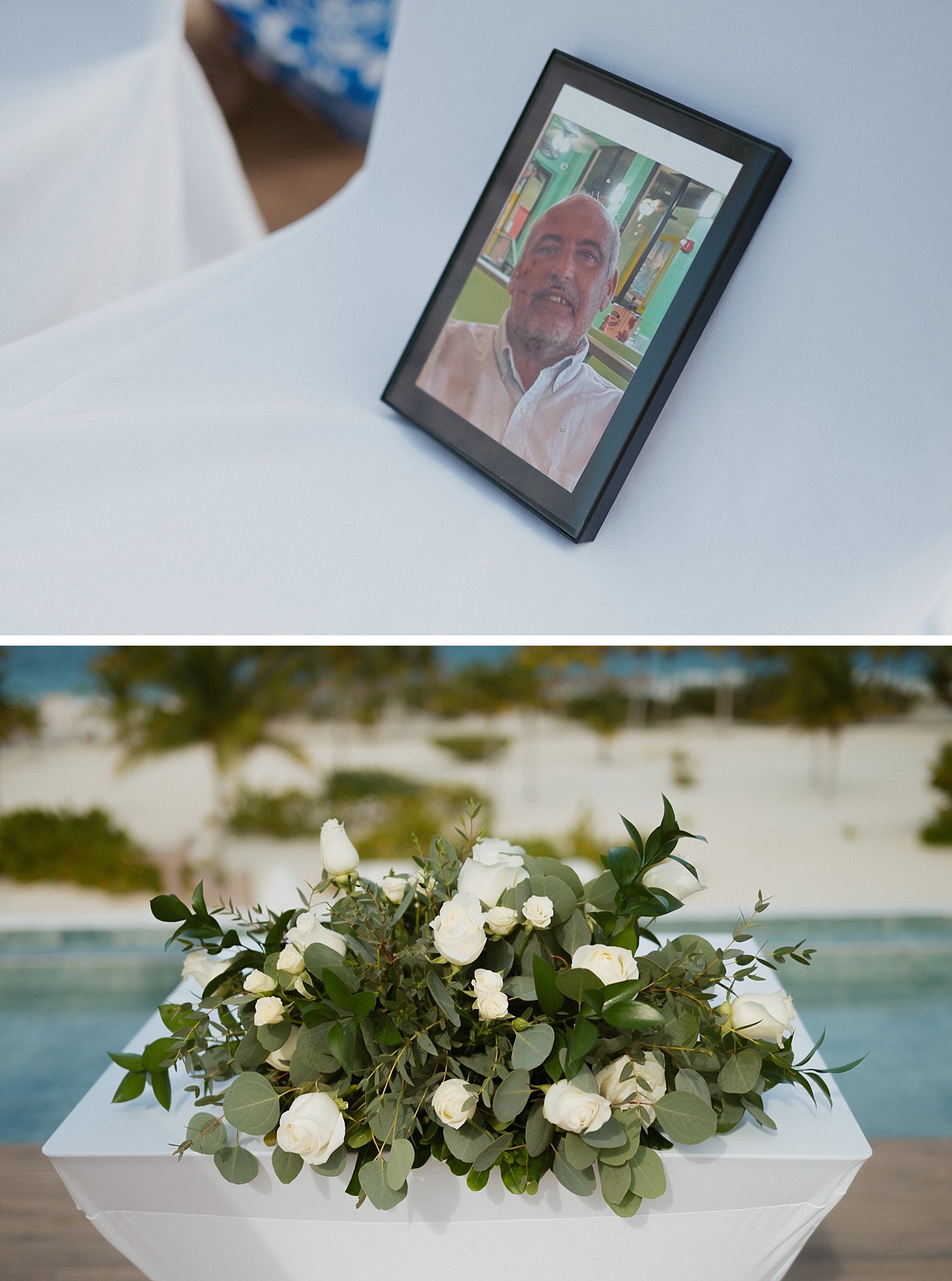 Personalized ceremony details and white roses at the altar of Majestic Elegance Costa Mujeres ceremony space