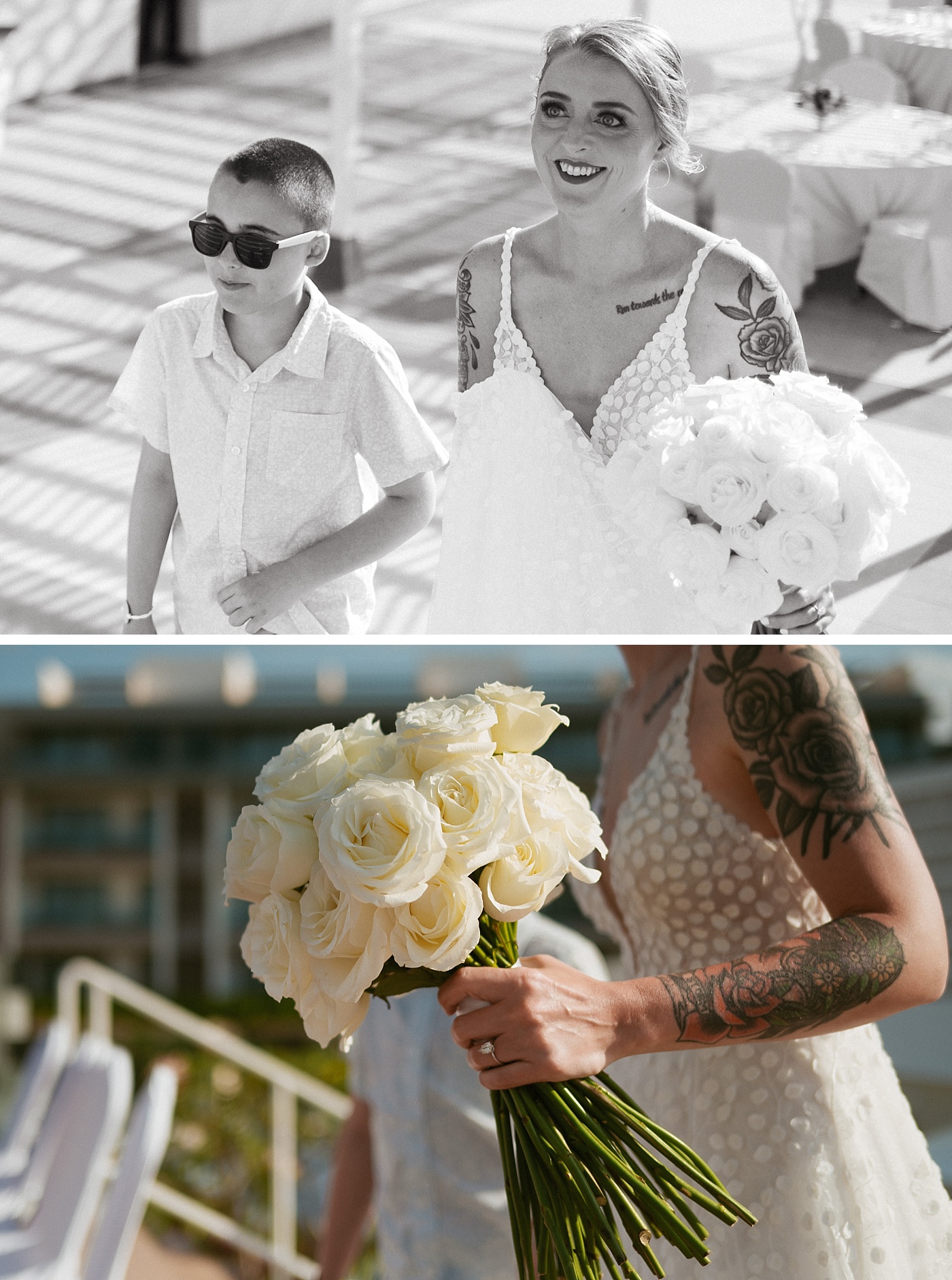 The bride walks to Majestic Elegance Costa Mujeres Sky Wedding Terrace with her son