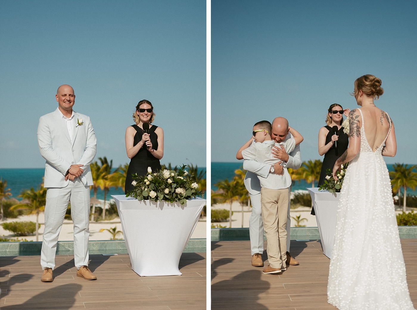 The bride and her son meet the groom at the altar, decorated in white flowers by the florist at Majestic Elegance Costa Mujeres