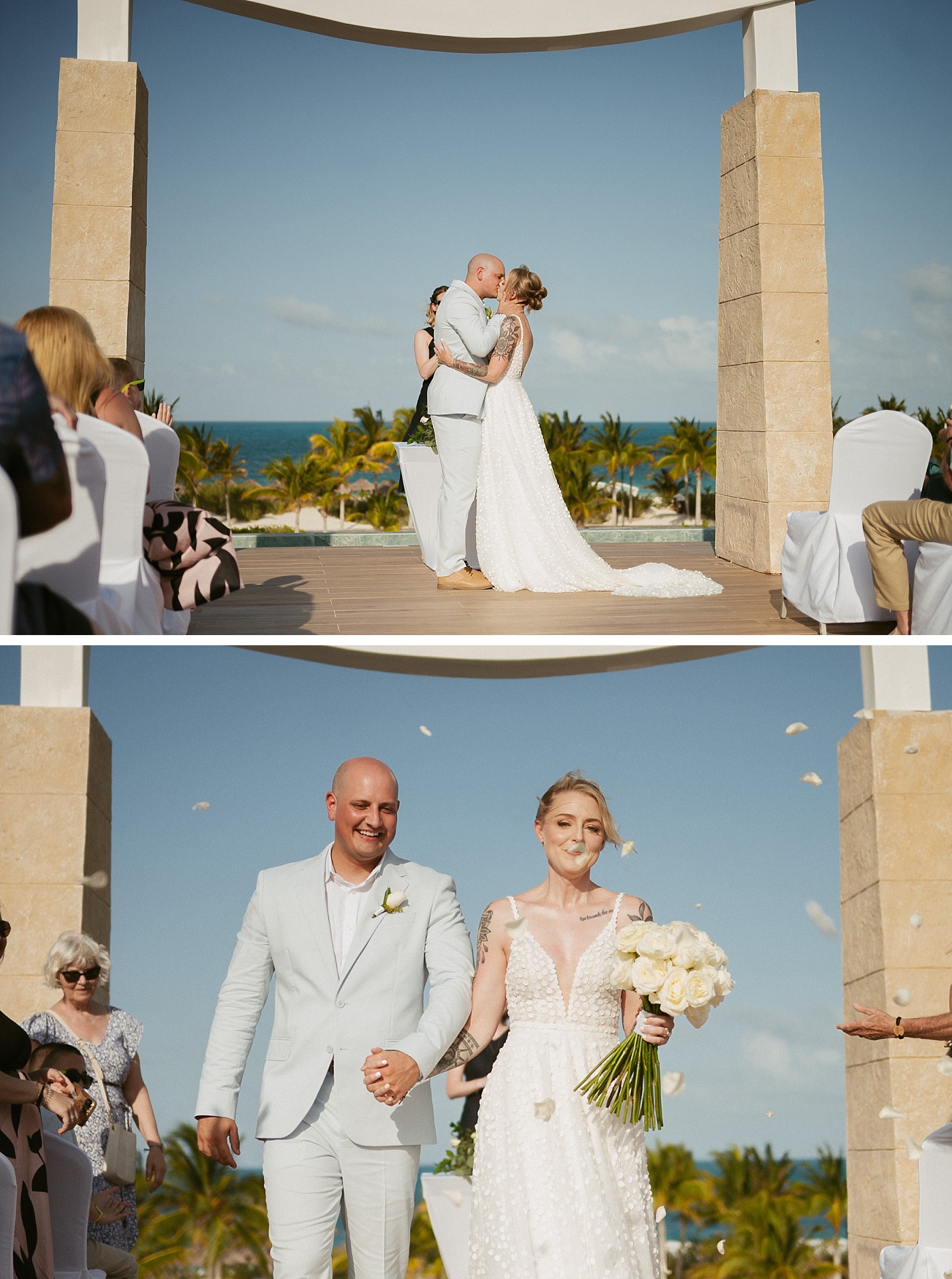 Bride and groom share their first kiss and walk down the aisle after their destination wedding ceremony 