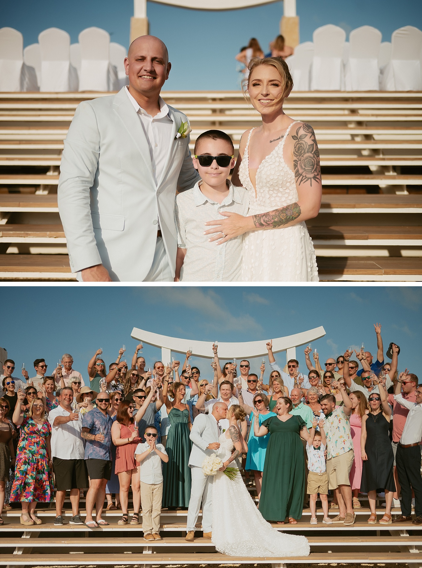 The bride and groom are pictured with their guests on the stairs of Majestic Elegance Costa Mujeres Sky Wedding Terrace