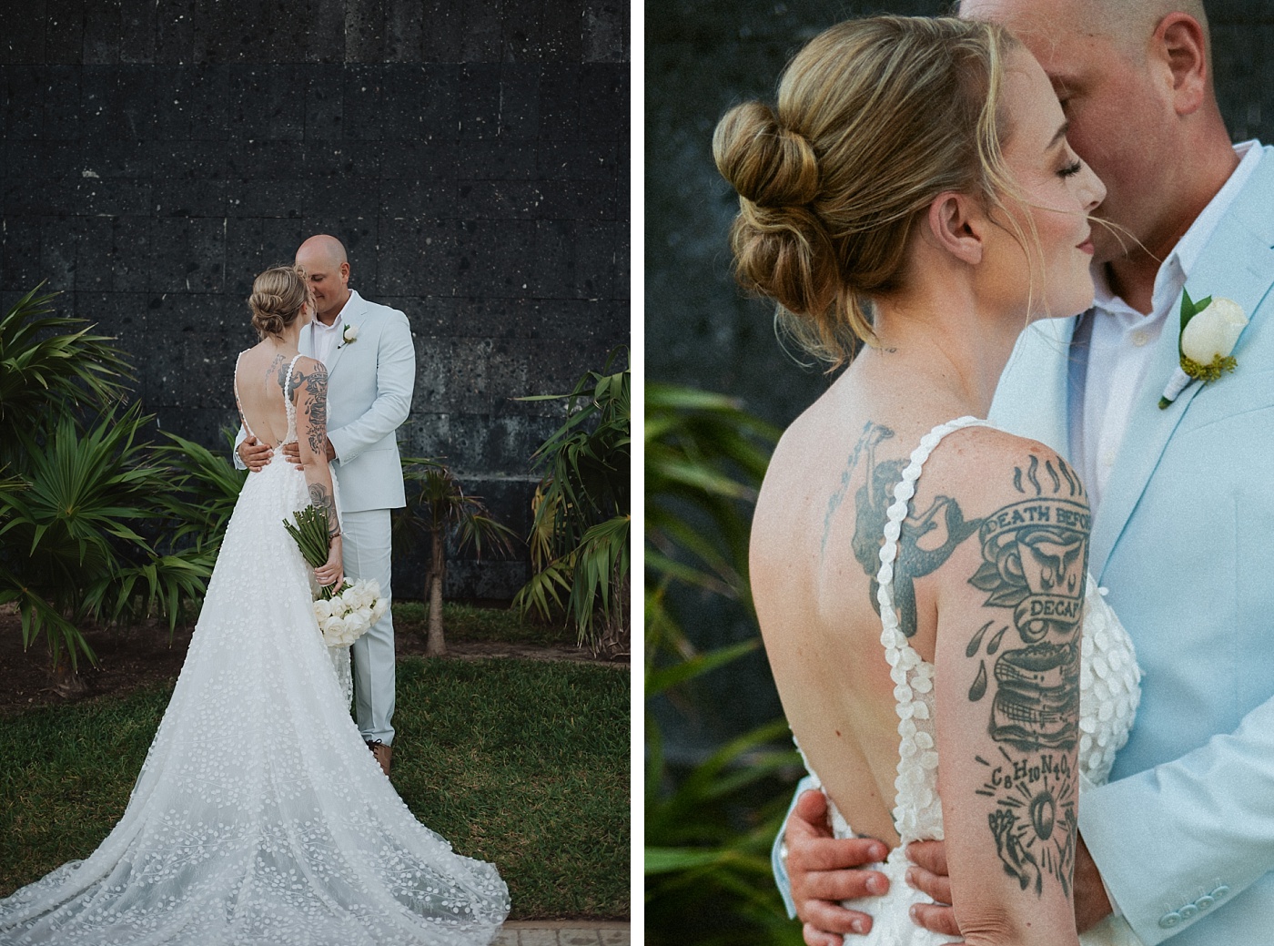 Bride and groom portraits in a secluded garden at Majestic Elegance Costa Mujeres