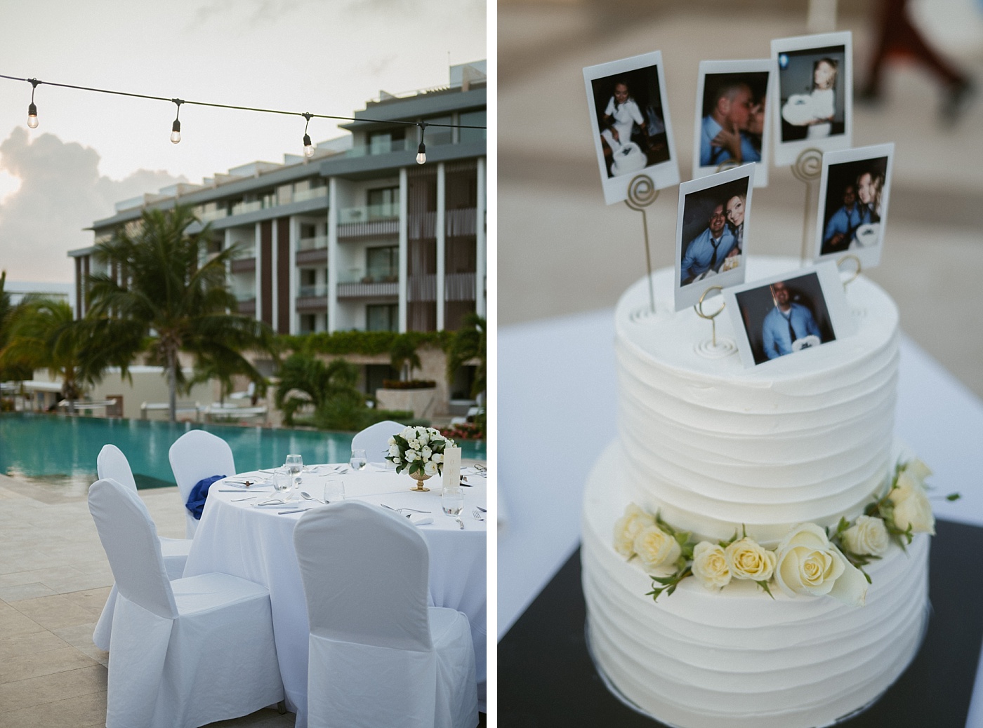 Polaroid photos of the bride and groom top the wedding cake at a Cancun, Mexico destination wedding 