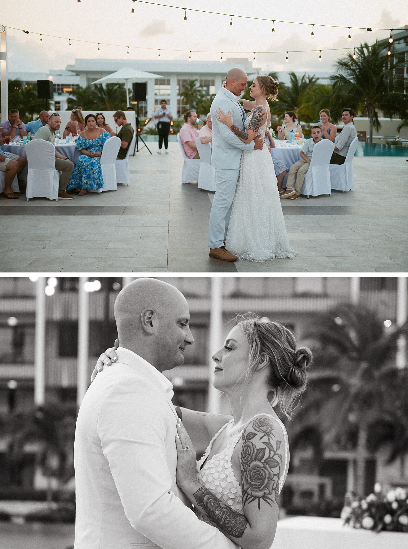 The bride and groom share their first dance at the Sky Wedding Terrace in Cancun Mexico 