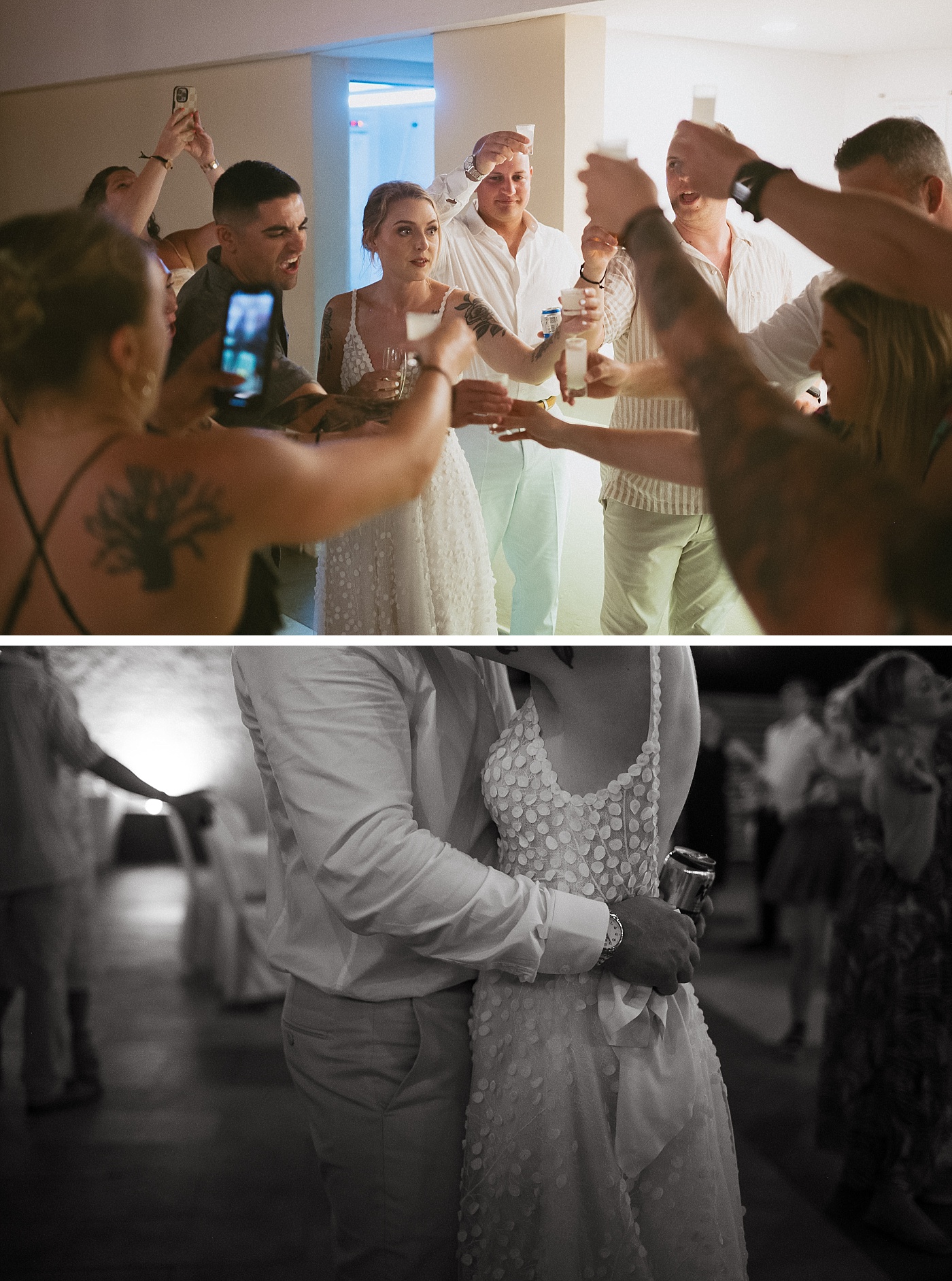 The bride and groom take shots with their guests at Majestic Elegance Costa Mujeres in Cancun, Mexico