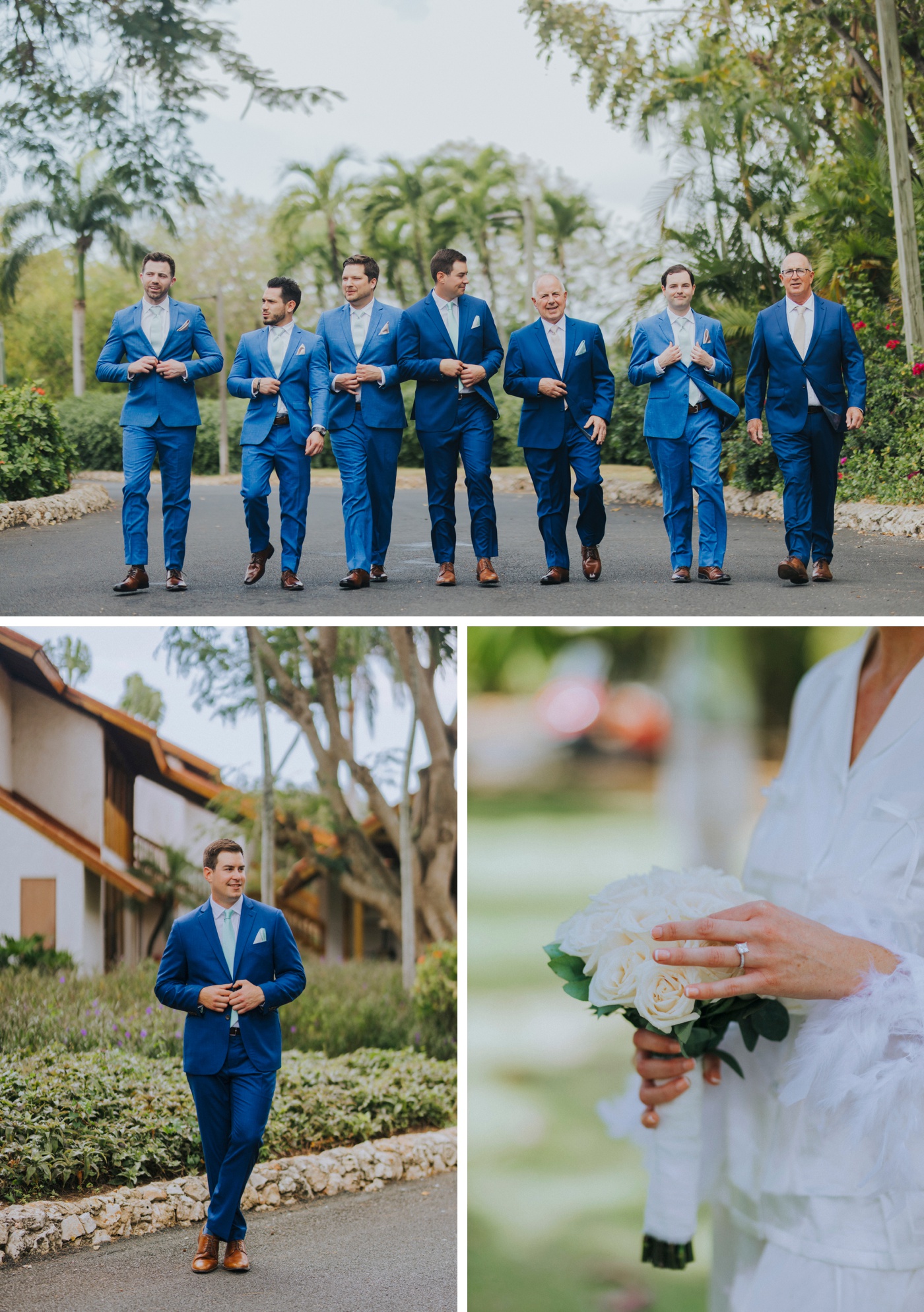 Groom and groomsmen in blue suits, for pictures at Casa de Campo