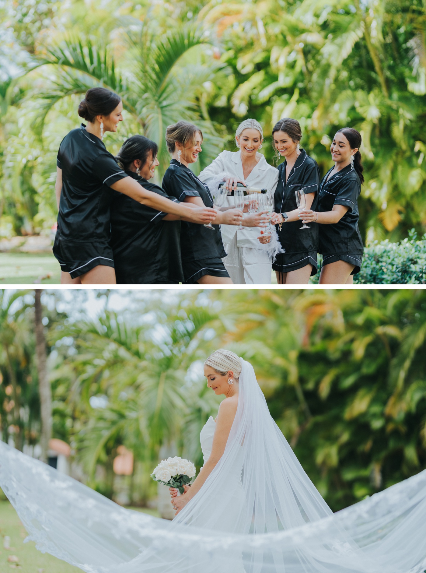 Bridesmaids getting ready before a destination wedding in black robes