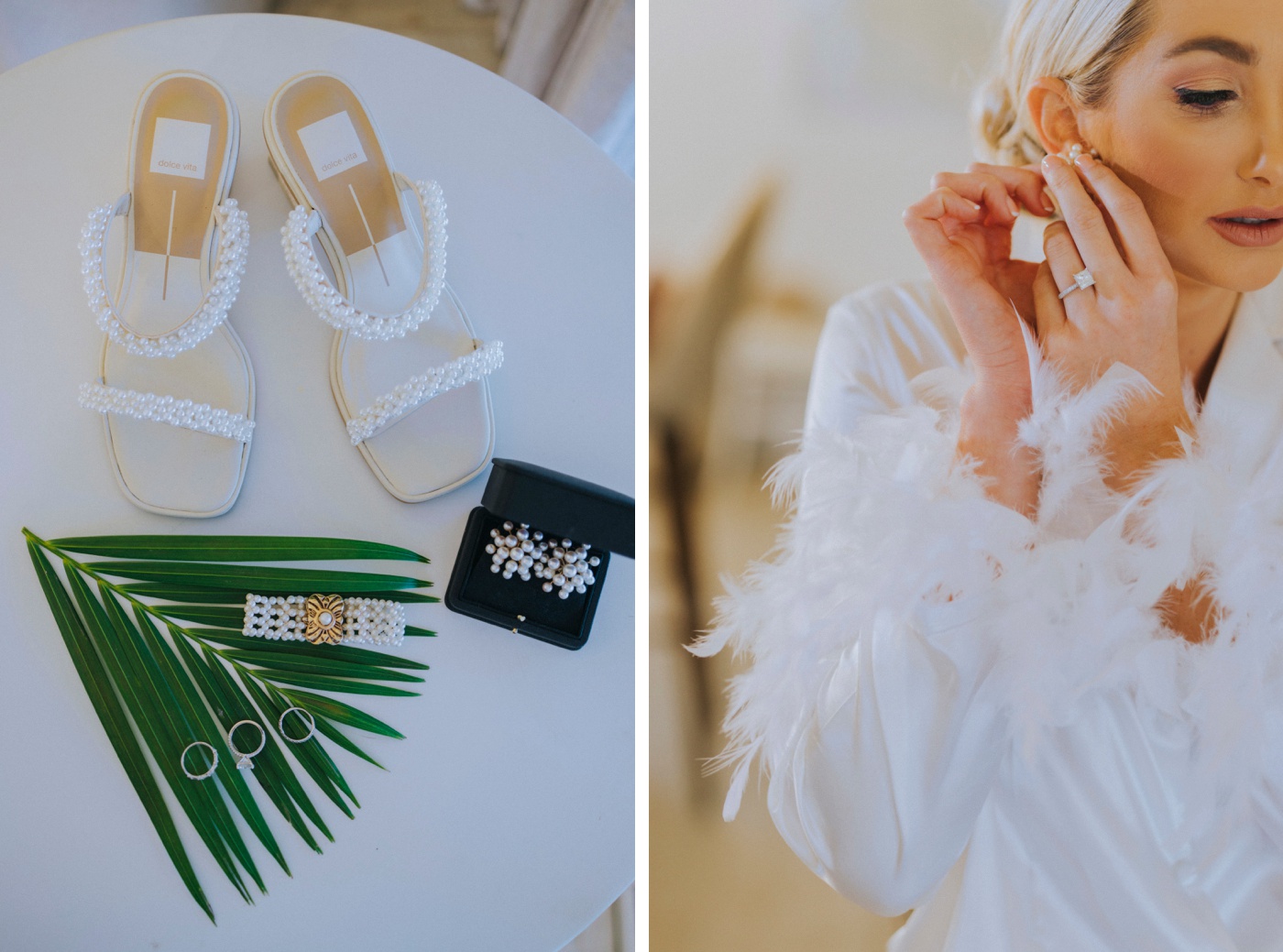 Flatlay of wedding invitations on a table, for a wedding at Casa de Campo, next to an image of a bride in a feathered robe