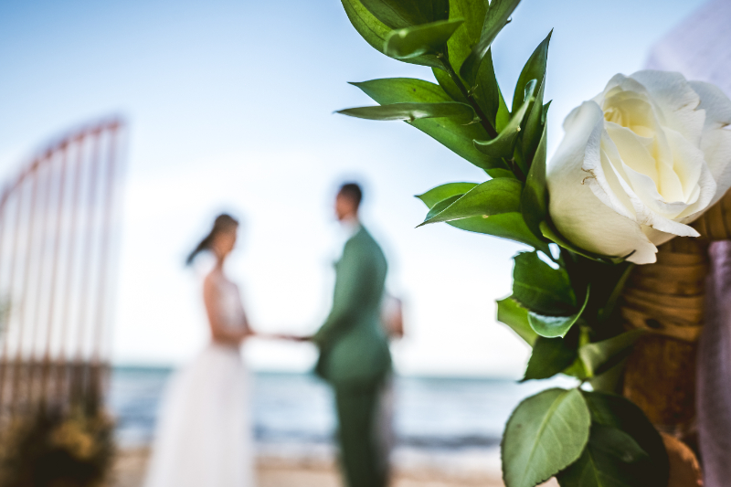 White flower in focus with couple blurred in background during outdoor ceremony