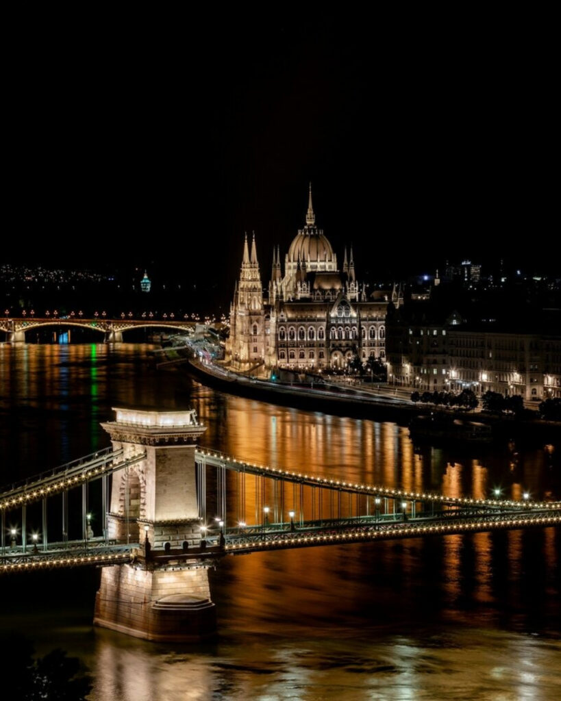 Night view of Budapest Parliament and Danube River with illuminated bridge and city skyline reflections