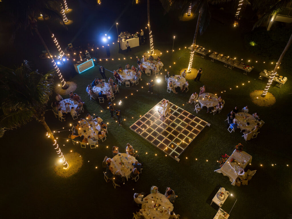All inclusive destination wedding reception at night at Dreams Jade Riviera Cancun