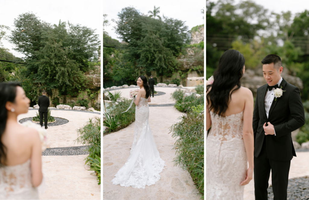 Hotel Xcaret Mexico wedding bride and groom first look