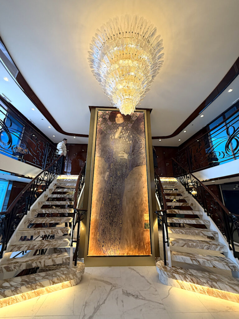 Uniworld's newest ship, SS Emilie's gorgeous entrance with a double staircase and gorgeous chandelier.