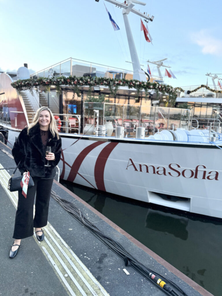 Standing in front of the newest AmaWaterways ship, AmaSofia.