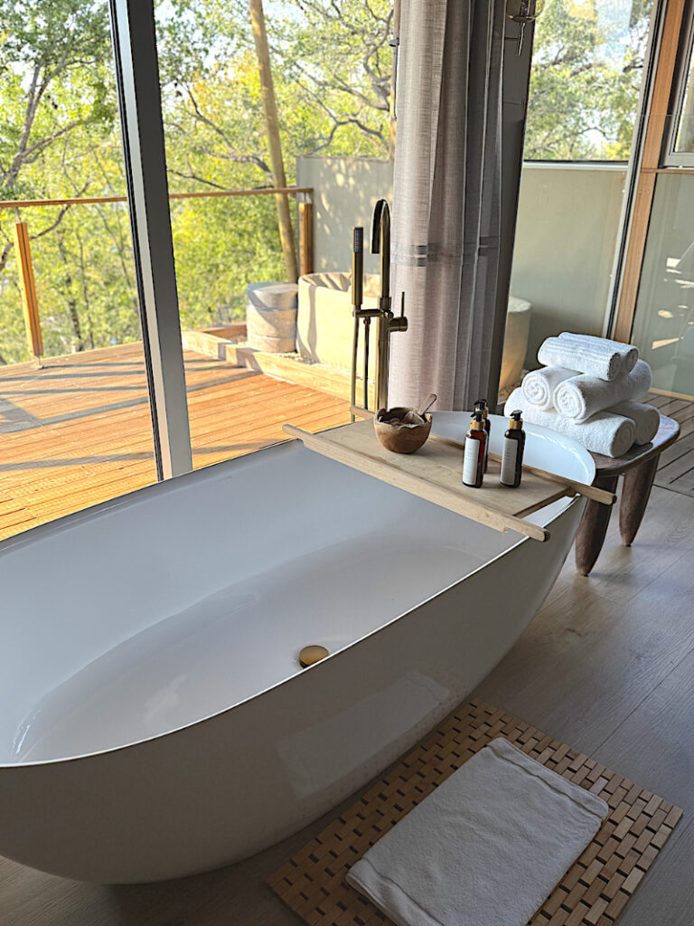 Luxury lodge bathroom with soaking tub and peaceful bush views in South Africa.