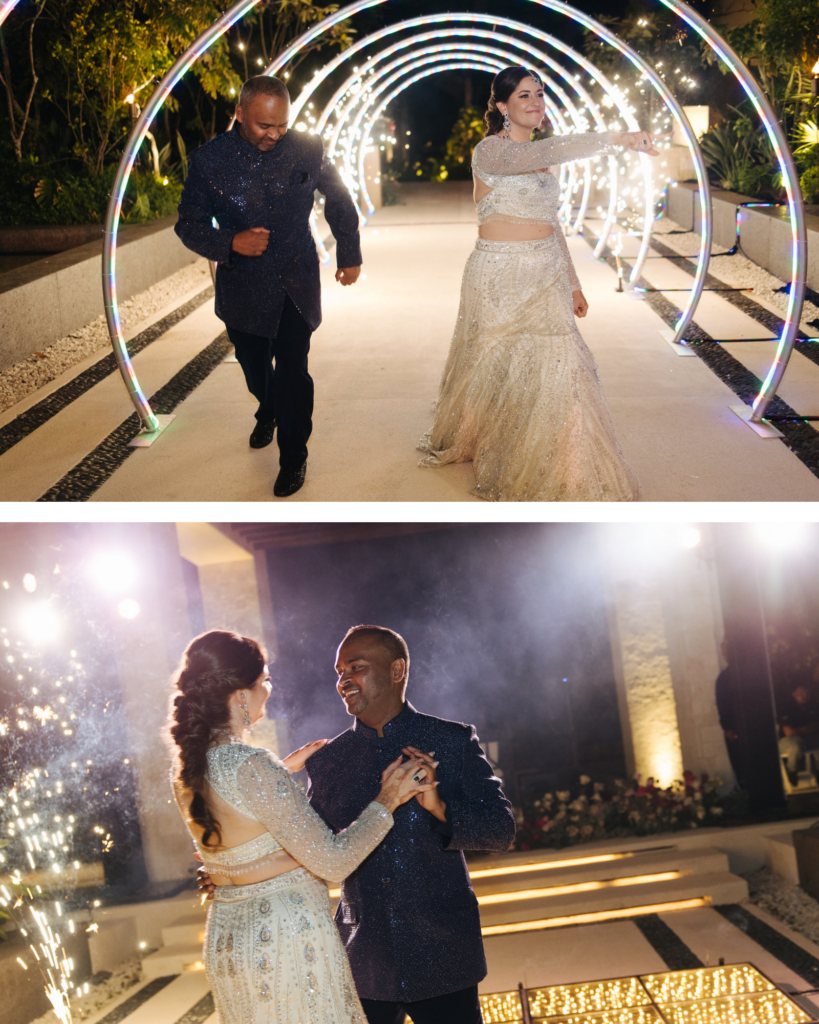 Secrets Playa Blanca wedding couple walking into reception at Contoy Plaza