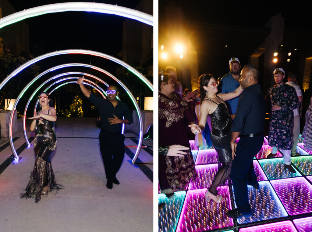 Wedding reception at Contoy plaza at Secrets Playa Blanca. Wedding couple partying.