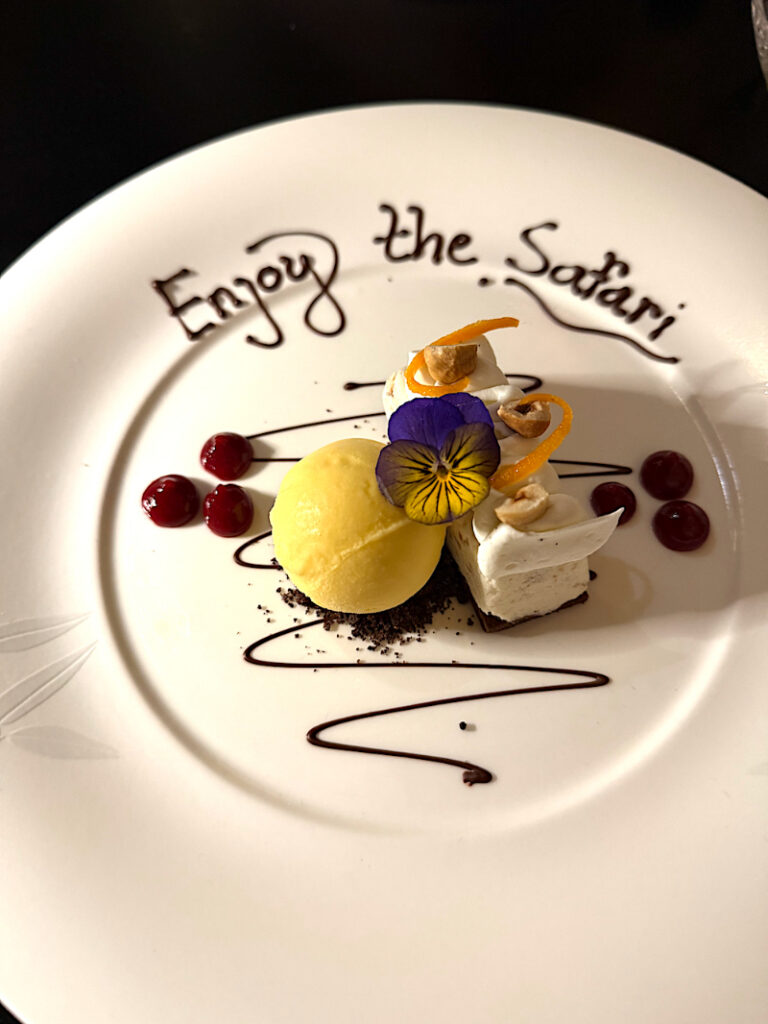 Special dessert at a luxury safari lodge during a South Africa honeymoon, decorated with fresh fruit and chocolate.