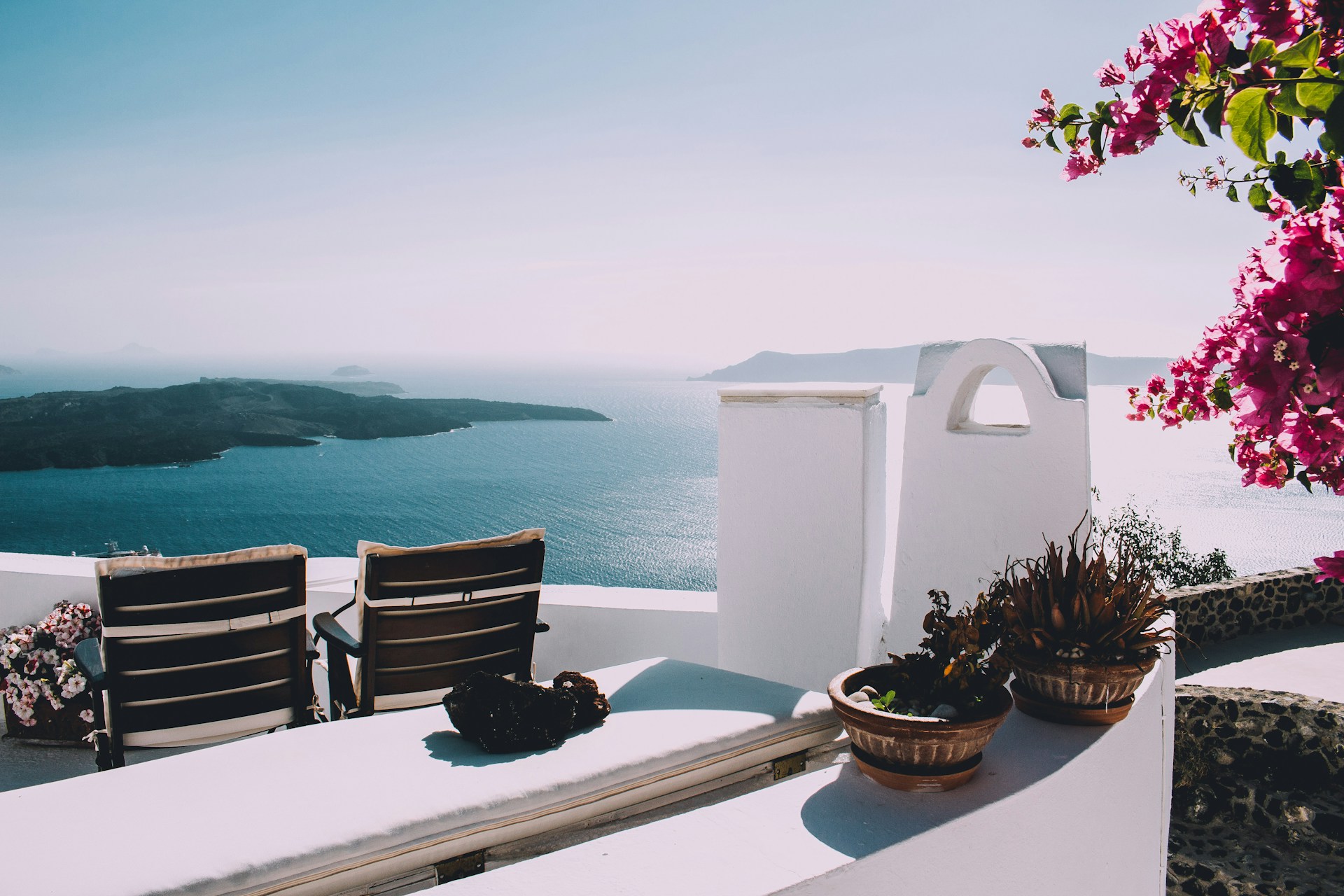 View from luxury honeymoon hotel in Santorini, Greece.