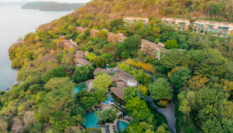 Aerial view of a luxury coastal resort, showcasing where to go in Costa Rica for relaxation.